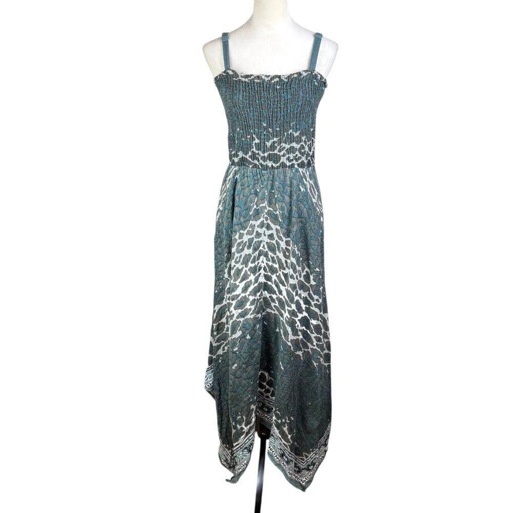 Soft Surroundings TALL Gray Teal Leopard Smocked Cotton Handkerchief Midi Dress - Picture 2 of 12